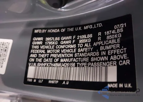 2021 Honda Civic Sport z USA, uszkodzony, nr VIN SHHFK7H48MU426156